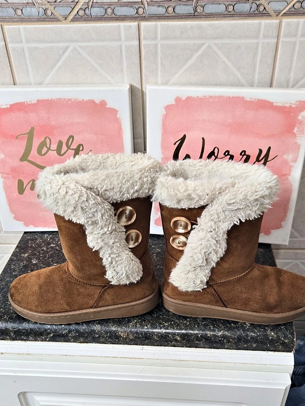 Justice Kids Brown & White Faux Fur Cuff Boots